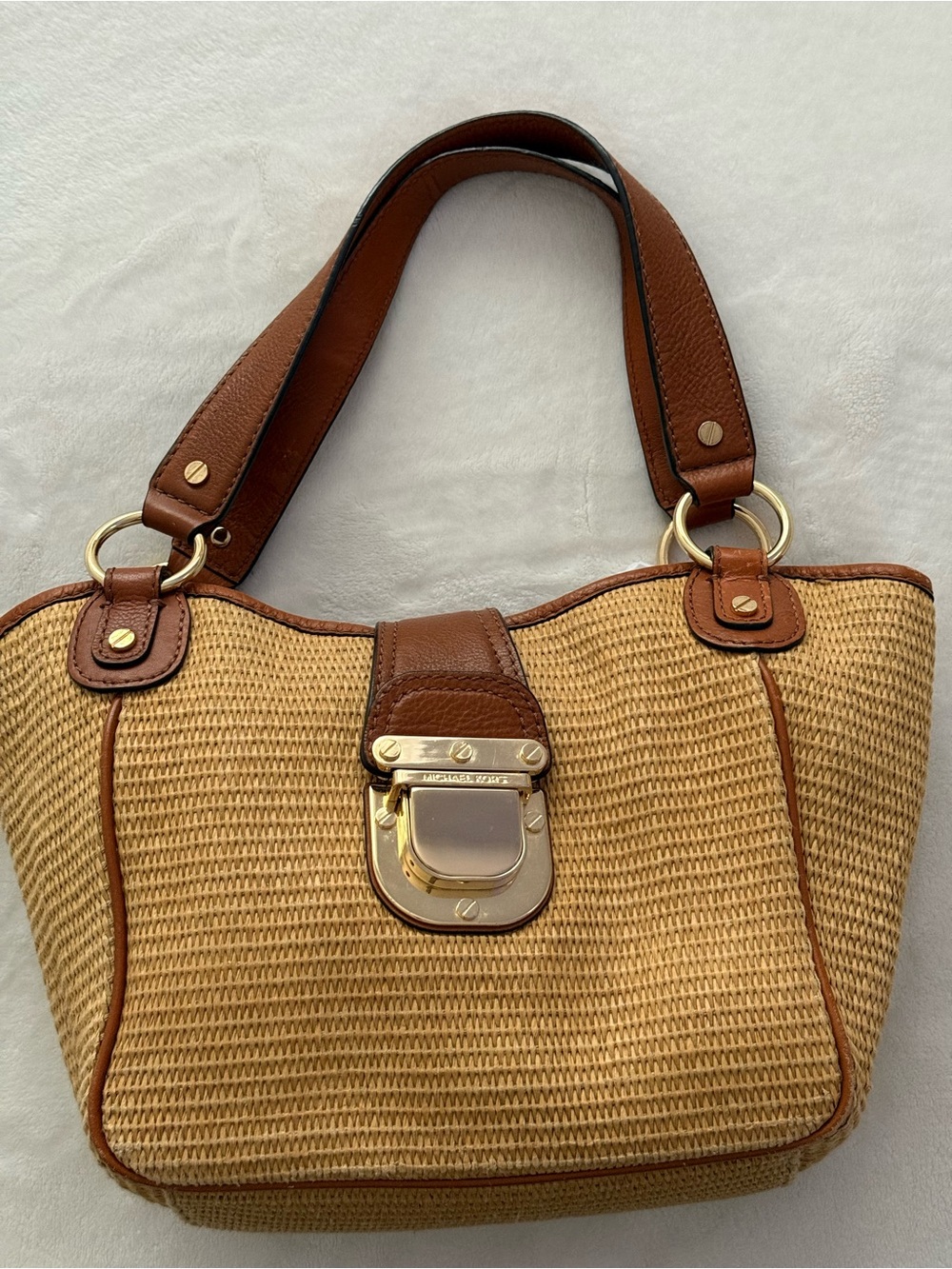 Michael Kors - Brown Straw Tote Bag with Leather Trim